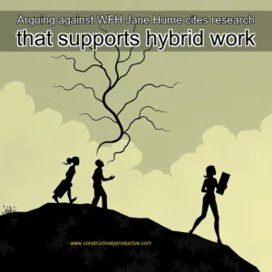 Artistic representation for Arguing against WFH Jane Hume cites research that supports hybrid work